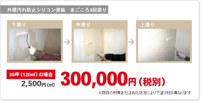屋根汚れ防止シリコン塗装まごころ3回塗り　30坪(120㎡)の場合315,000円
